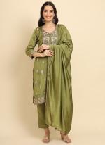 Silk Blend Green Casual Wear Embroidery Work Readymade Kurti Set